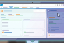 A cartoon illustration of a modern computer monitor displaying a simplified, generic software interface reminiscent of a CRM platform. The screen shows a clean dashboard layout with various columns, placeholder blocks, a navigation bar at the top, a search field, and a mouse cursor hovering over the right side. The image contains no text or specific brand logos, presented in a soft, bright color palette with a slightly glowing border around the monitor.