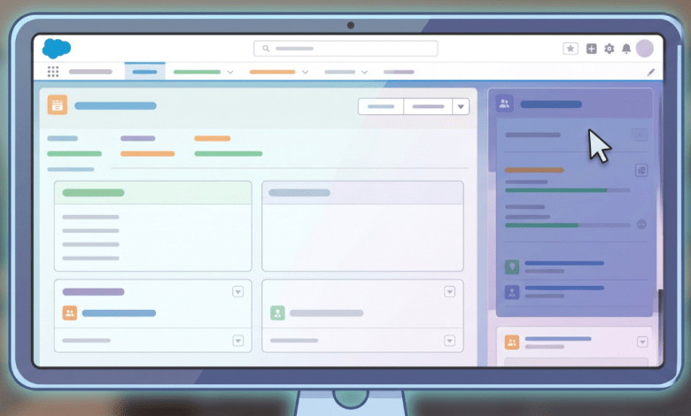 A cartoon illustration of a modern computer monitor displaying a simplified, generic software interface reminiscent of a CRM platform. The screen shows a clean dashboard layout with various columns, placeholder blocks, a navigation bar at the top, a search field, and a mouse cursor hovering over the right side. The image contains no text or specific brand logos, presented in a soft, bright color palette with a slightly glowing border around the monitor.