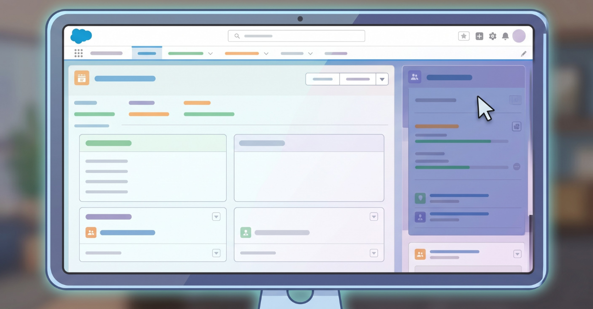 A cartoon illustration of a modern computer monitor displaying a simplified, generic software interface reminiscent of a CRM platform. The screen shows a clean dashboard layout with various columns, placeholder blocks, a navigation bar at the top, a search field, and a mouse cursor hovering over the right side. The image contains no text or specific brand logos, presented in a soft, bright color palette with a slightly glowing border around the monitor.