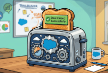 A colorful, cartoon-style illustration of a modern office desk featuring a chrome toaster as the central focus. Popping out of the toaster is a thick slice of golden-brown toast designed to look like a digital "toast message." On the slice of toast, a green success banner displays a checkmark icon and the words "Deal Closed Successfully!" The side of the toaster is decorated with blue clouds and mechanical gears. In the blurred background, a whiteboard shows business charts and the word "TRAILBLAZER," while a blue cloud-branded coffee mug sits on the wooden desk next to a pen and paper.