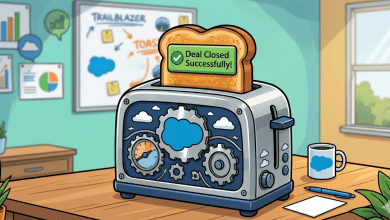 A colorful, cartoon-style illustration of a modern office desk featuring a chrome toaster as the central focus. Popping out of the toaster is a thick slice of golden-brown toast designed to look like a digital "toast message." On the slice of toast, a green success banner displays a checkmark icon and the words "Deal Closed Successfully!" The side of the toaster is decorated with blue clouds and mechanical gears. In the blurred background, a whiteboard shows business charts and the word "TRAILBLAZER," while a blue cloud-branded coffee mug sits on the wooden desk next to a pen and paper.