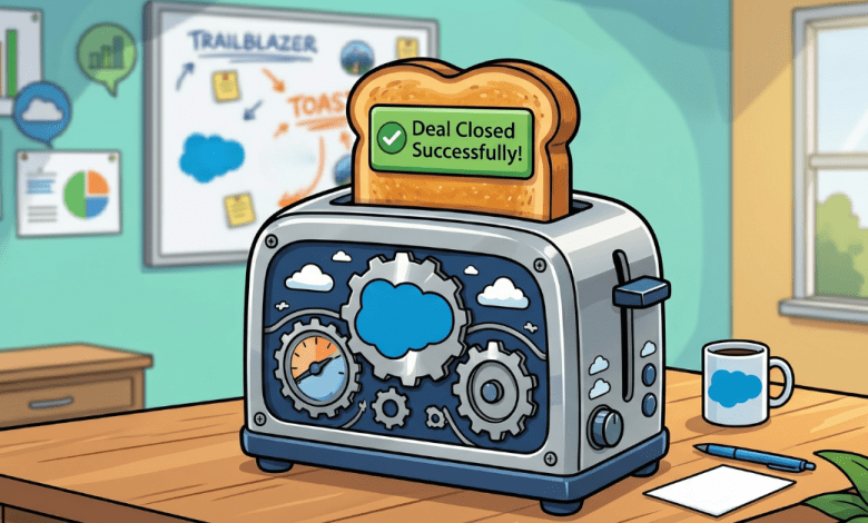 A colorful, cartoon-style illustration of a modern office desk featuring a chrome toaster as the central focus. Popping out of the toaster is a thick slice of golden-brown toast designed to look like a digital "toast message." On the slice of toast, a green success banner displays a checkmark icon and the words "Deal Closed Successfully!" The side of the toaster is decorated with blue clouds and mechanical gears. In the blurred background, a whiteboard shows business charts and the word "TRAILBLAZER," while a blue cloud-branded coffee mug sits on the wooden desk next to a pen and paper.