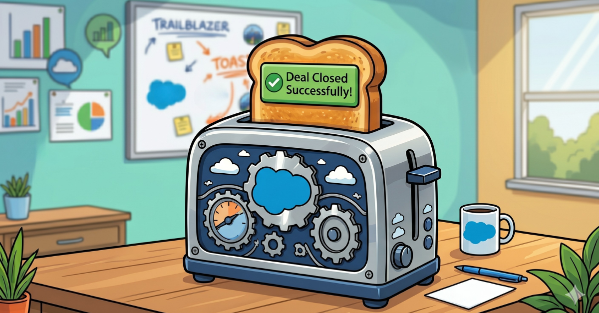 A colorful, cartoon-style illustration of a modern office desk featuring a chrome toaster as the central focus. Popping out of the toaster is a thick slice of golden-brown toast designed to look like a digital "toast message." On the slice of toast, a green success banner displays a checkmark icon and the words "Deal Closed Successfully!" The side of the toaster is decorated with blue clouds and mechanical gears. In the blurred background, a whiteboard shows business charts and the word "TRAILBLAZER," while a blue cloud-branded coffee mug sits on the wooden desk next to a pen and paper.