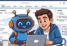 Claude responded: A Salesforce admin works alongside an AI agent at a laptop, with a Salesforce dashboard displaying quarterly performance metrics, today's tasks, and recent opp…A Salesforce admin works alongside an AI agent at a laptop, with a Salesforce dashboard displaying quarterly performance metrics, today's tasks, and recent opportunities visible in the background.