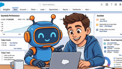 Claude responded: A Salesforce admin works alongside an AI agent at a laptop, with a Salesforce dashboard displaying quarterly performance metrics, today's tasks, and recent opp…A Salesforce admin works alongside an AI agent at a laptop, with a Salesforce dashboard displaying quarterly performance metrics, today's tasks, and recent opportunities visible in the background.
