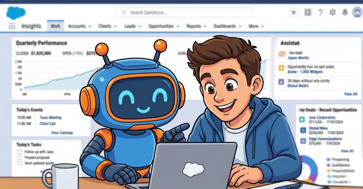 Claude responded: A Salesforce admin works alongside an AI agent at a laptop, with a Salesforce dashboard displaying quarterly performance metrics, today's tasks, and recent opp…A Salesforce admin works alongside an AI agent at a laptop, with a Salesforce dashboard displaying quarterly performance metrics, today's tasks, and recent opportunities visible in the background.