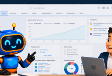 Illustrated Salesforce AI robot character pointing toward a blurred Salesforce Sales Cloud dashboard alongside an animated business professional at a laptop, representing AI-assisted productivity in Salesforce