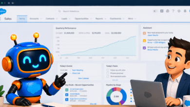 Illustrated Salesforce AI robot character pointing toward a blurred Salesforce Sales Cloud dashboard alongside an animated business professional at a laptop, representing AI-assisted productivity in Salesforce