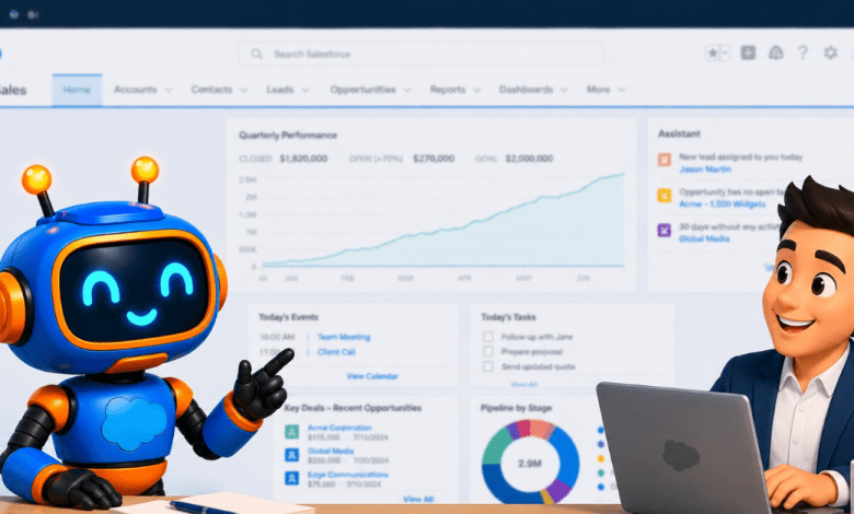 Illustrated Salesforce AI robot character pointing toward a blurred Salesforce Sales Cloud dashboard alongside an animated business professional at a laptop, representing AI-assisted productivity in Salesforce