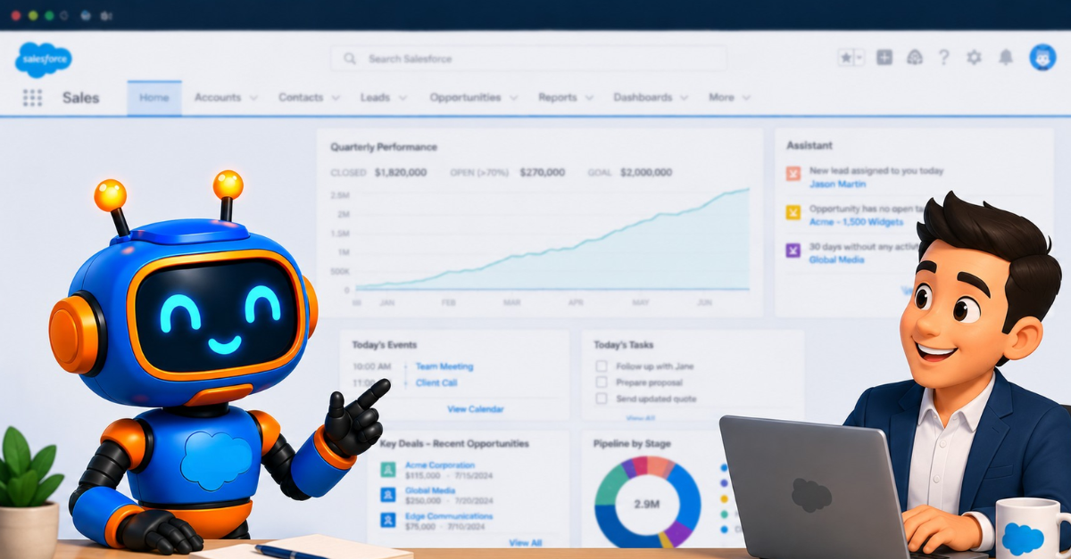 Illustrated Salesforce AI robot character pointing toward a blurred Salesforce Sales Cloud dashboard alongside an animated business professional at a laptop, representing AI-assisted productivity in Salesforce