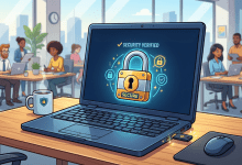 Illustrated image of a laptop displaying a security verified padlock icon in a busy office setting, with a hardware security key plugged into the USB port.