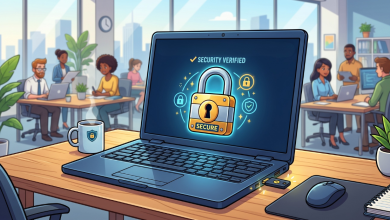 Illustrated image of a laptop displaying a security verified padlock icon in a busy office setting, with a hardware security key plugged into the USB port.
