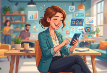 A cheerful woman in a modern office, smiling broadly while using her smartphone, as colorful charts, graphs, and business metrics float dynamically around the device.
