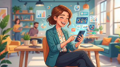A cheerful woman in a modern office, smiling broadly while using her smartphone, as colorful charts, graphs, and business metrics float dynamically around the device.