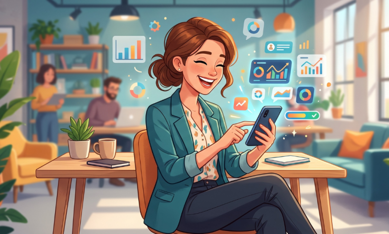 A cheerful woman in a modern office, smiling broadly while using her smartphone, as colorful charts, graphs, and business metrics float dynamically around the device.