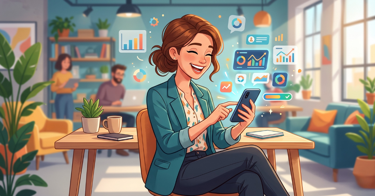 A cheerful woman in a modern office, smiling broadly while using her smartphone, as colorful charts, graphs, and business metrics float dynamically around the device.