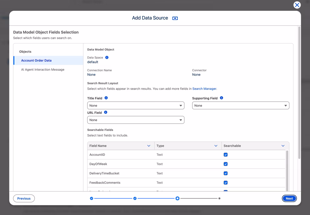Screenshot of the Add Data Source modal in Agentforce Coworker setup showing the Data Model Object Fields Selection screen with Title Field, Supporting Field, URL Field, and Searchable Fields configuration options for the Account Order Data object