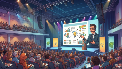 Illustrated image of a presenter in a suit and headset gesturing toward a large screen displaying charts, graphs, pie charts, and lightbulb icons at a packed conference venue with two levels of seated attendees and colorful stage lighting.