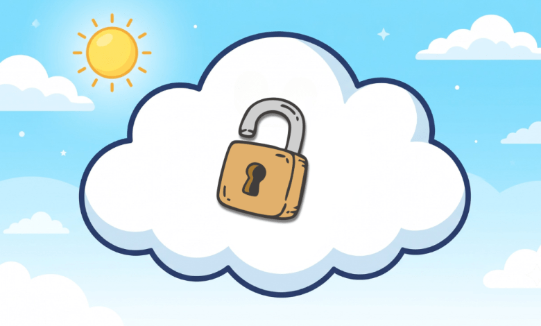 Claude responded: A flat-style illustration of a white cumulus cloud floating in a bright blue sky with a yellow sun and sparkles, with an open padlock icon centered on the clou…A flat-style illustration of a white cumulus cloud floating in a bright blue sky with a yellow sun and sparkles, with an open padlock icon centered on the cloud, symbolizing unlocked cloud security.