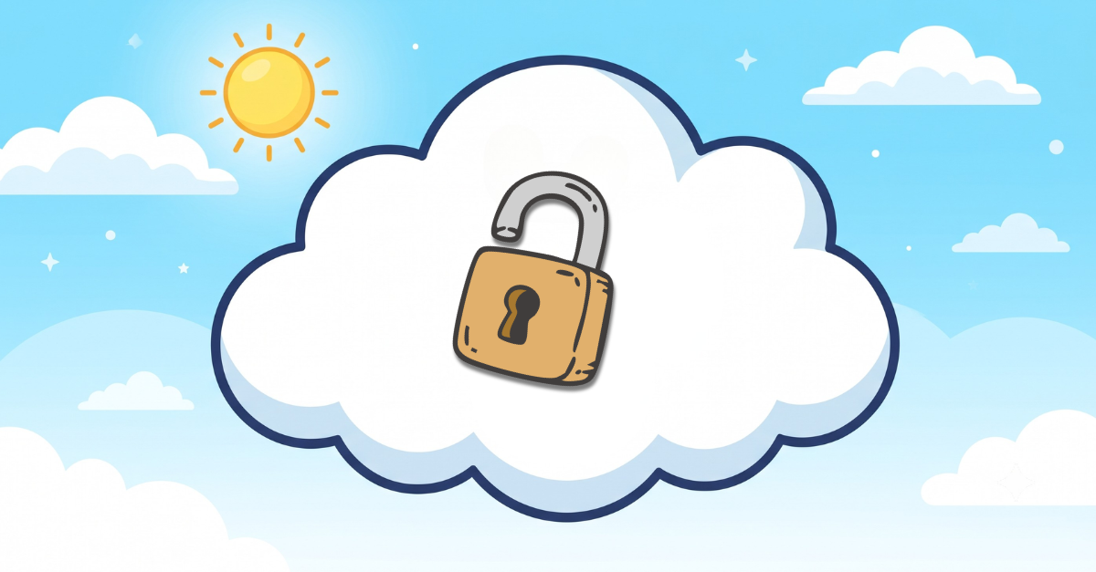 Claude responded: A flat-style illustration of a white cumulus cloud floating in a bright blue sky with a yellow sun and sparkles, with an open padlock icon centered on the clou…A flat-style illustration of a white cumulus cloud floating in a bright blue sky with a yellow sun and sparkles, with an open padlock icon centered on the cloud, symbolizing unlocked cloud security.