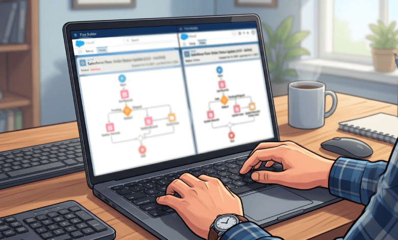 Salesforce Flow Builder open on a laptop screen showing two flow versions side by side, illustrating the Visual Flow Version Comparison feature in the Summer '26 release.