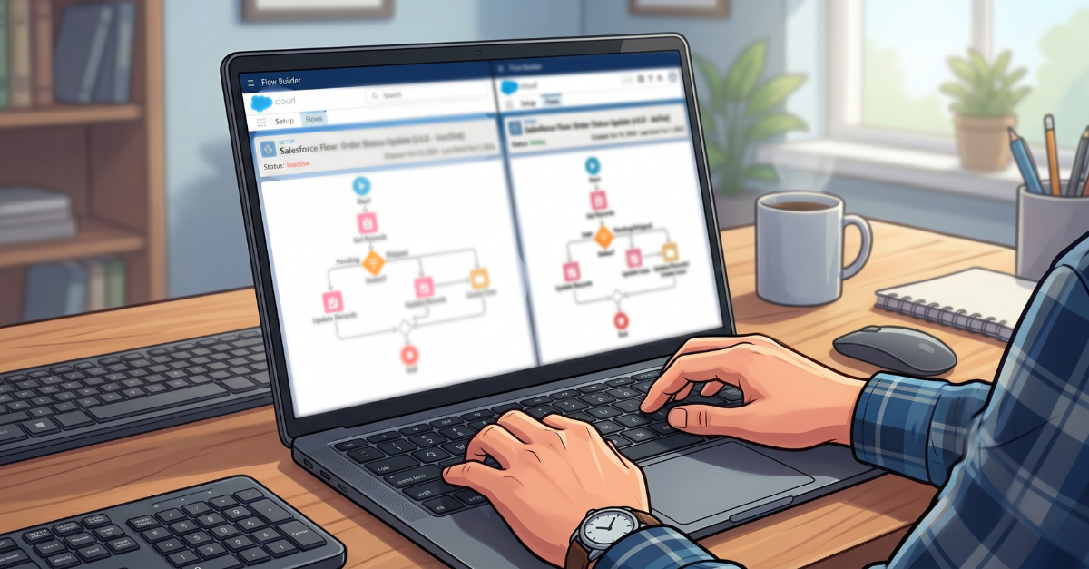 Salesforce Flow Builder open on a laptop screen showing two flow versions side by side, illustrating the Visual Flow Version Comparison feature in the Summer '26 release.