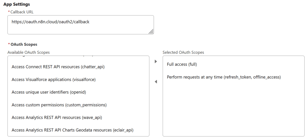 Salesforce Connected App Settings showing the n8n OAuth2 callback URL (https://oauth.n8n.cloud/oauth2/callback) and OAuth scope configuration, with Full access and Perform requests at any time selected as the active scopes