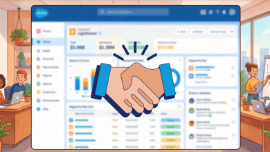 Illustrated handshake in front of a blurred Salesforce dashboard with revenue figures and an opportunity list, framed by a cartoon office scene of colleagues working on laptops and presenting at a whiteboard.
