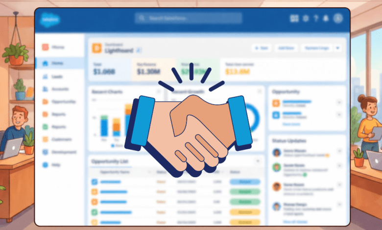 Illustrated handshake in front of a blurred Salesforce dashboard with revenue figures and an opportunity list, framed by a cartoon office scene of colleagues working on laptops and presenting at a whiteboard.