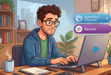 Illustration of a man with glasses and curly brown hair working on a laptop at a plant-filled desk, with floating labels for Agentforce Coworker and Slackbot beside him.