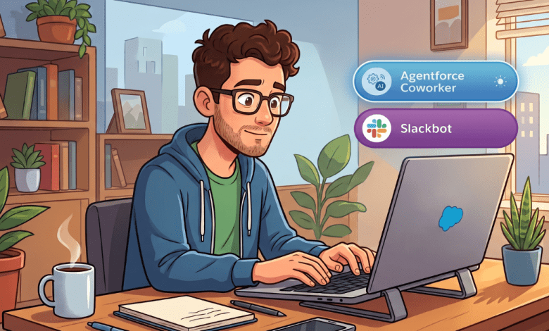 Illustration of a man with glasses and curly brown hair working on a laptop at a plant-filled desk, with floating labels for Agentforce Coworker and Slackbot beside him.