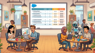 A colorful, cartoon-style illustration of a modern office where humans and a robot are working together happily. In the foreground, two circular wooden tables are spaced across the room. At the left table, a man with glasses and a woman are smiling while working on laptops, with a computer monitor showing a colorful bar graph. At the right table, a woman wearing a hijab is using a tablet alongside a sleek, white humanoid robot with a glowing blue digital screen face and a man looking at paperwork. In the background, a large presentation screen displays a blurred-out document titled "PRICING SHEET" with various columns of data. The office is bright and inviting, decorated with potted plants, hanging lights, and motivational posters on the walls reading "COLLABORATE," "INNOVATE," and "TEAMWORK."
