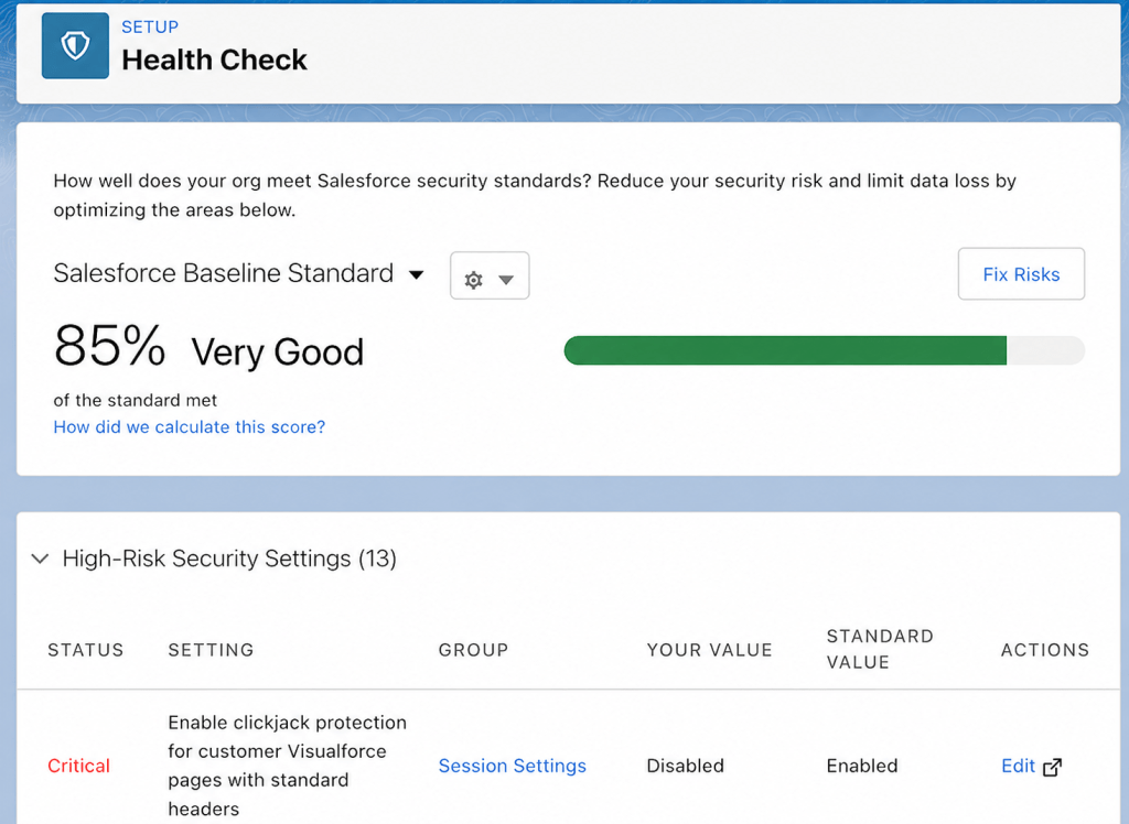 Salesforce Health Check dashboard showing an 85% security score rated "Very Good," with the Salesforce Baseline Standard selected and a list of high-risk security settings requiring attention.