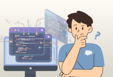 Illustration of a young man in a blue t-shirt looking thoughtful with his hand on his chin and question marks beside him. To his left is a desktop monitor displaying floating code editor windows, connected by abstract glowing data lines and binary code.