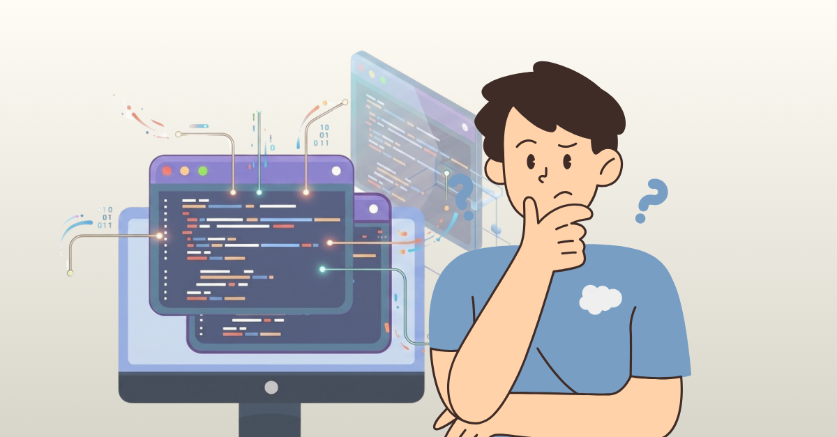 Illustration of a young man in a blue t-shirt looking thoughtful with his hand on his chin and question marks beside him. To his left is a desktop monitor displaying floating code editor windows, connected by abstract glowing data lines and binary code.