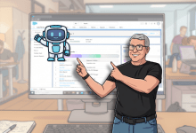 Illustrated graphic of a man in glasses pointing at a Salesforce Setup screen on a computer monitor, with a friendly cartoon robot mascot waving beside the interface, representing Setup with Agentforce.