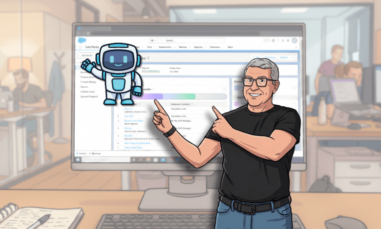 Illustrated graphic of a man in glasses pointing at a Salesforce Setup screen on a computer monitor, with a friendly cartoon robot mascot waving beside the interface, representing Setup with Agentforce.