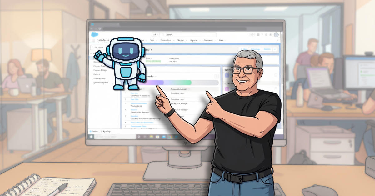 Illustrated graphic of a man in glasses pointing at a Salesforce Setup screen on a computer monitor, with a friendly cartoon robot mascot waving beside the interface, representing Setup with Agentforce.