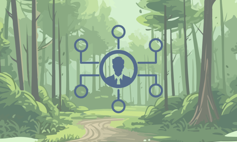 Illustration of a central user icon connected to six surrounding nodes in a hierarchical network pattern, set against a forest background.