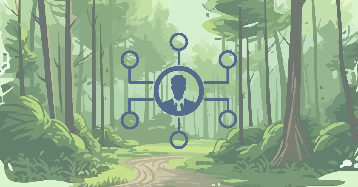 Illustration of a central user icon connected to six surrounding nodes in a hierarchical network pattern, set against a forest background.