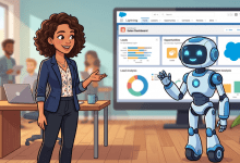 Illustrated image of a woman in a business casual outfit gesturing toward an AI agent robot, with a Salesforce Lightning Sales Dashboard displayed on a large screen behind them.