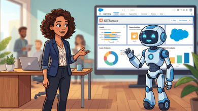 Illustrated image of a woman in a business casual outfit gesturing toward an AI agent robot, with a Salesforce Lightning Sales Dashboard displayed on a large screen behind them.