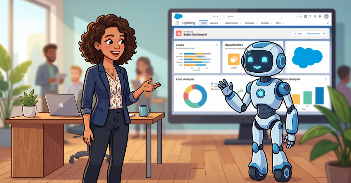 Illustrated image of a woman in a business casual outfit gesturing toward an AI agent robot, with a Salesforce Lightning Sales Dashboard displayed on a large screen behind them.