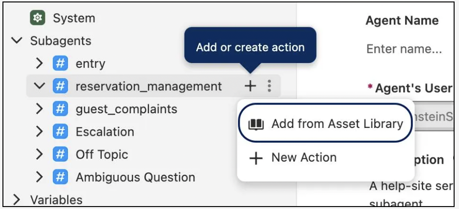 Agentforce Studio showing the reservation_management subagent with the Add from Asset Library option selected in the action menu.