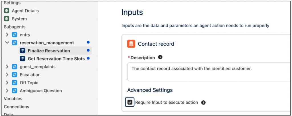 Agentforce Studio showing the Finalize Reservation action under reservation_management with the Contact record input and Require Input to execute action checkbox checked.