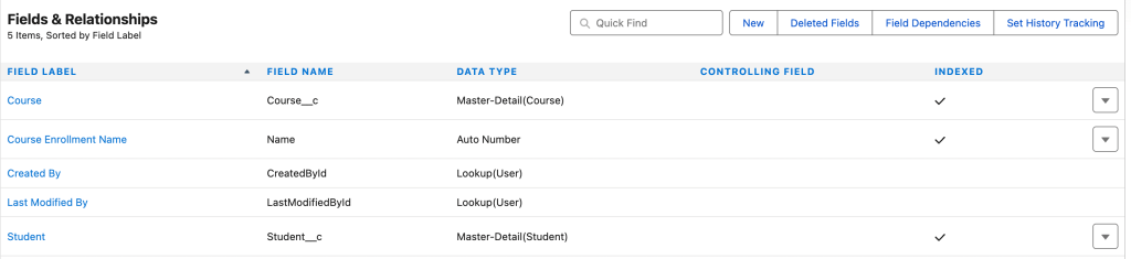 Fields and Relationships list for the Course Enrollment object, showing two Master-Detail fields, one to Course and one to Student.