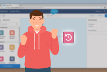 A stylized Salesforce Screen Flow UI where the entire screen is blurred, except for a sharp, focal Roll Back Records element icon featuring a white counter-clockwise clock-arrow on a pink background.