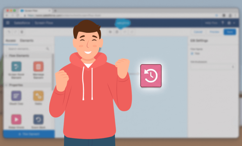 A stylized Salesforce Screen Flow UI where the entire screen is blurred, except for a sharp, focal Roll Back Records element icon featuring a white counter-clockwise clock-arrow on a pink background.