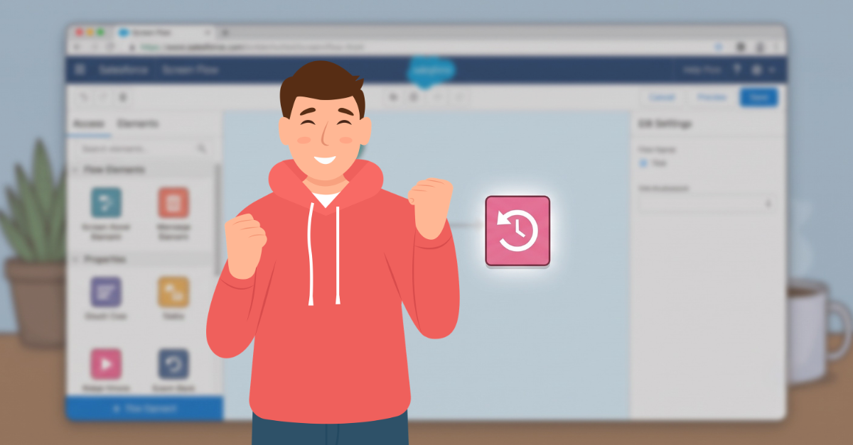 A stylized Salesforce Screen Flow UI where the entire screen is blurred, except for a sharp, focal Roll Back Records element icon featuring a white counter-clockwise clock-arrow on a pink background.