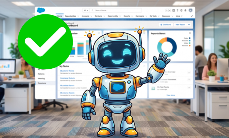 Illustration of a friendly blue and white robot mascot with a Salesforce cloud logo on its chest, waving in front of a Salesforce-style dashboard interface, with a green checkmark icon and blurred office workers in the background.